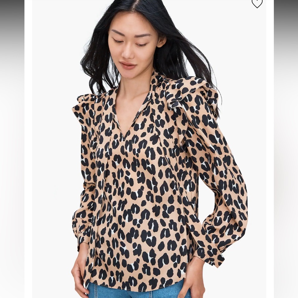 Kate Spade Forest Feline Leopard Print Tie Neck Blouse Size XS (2-4)